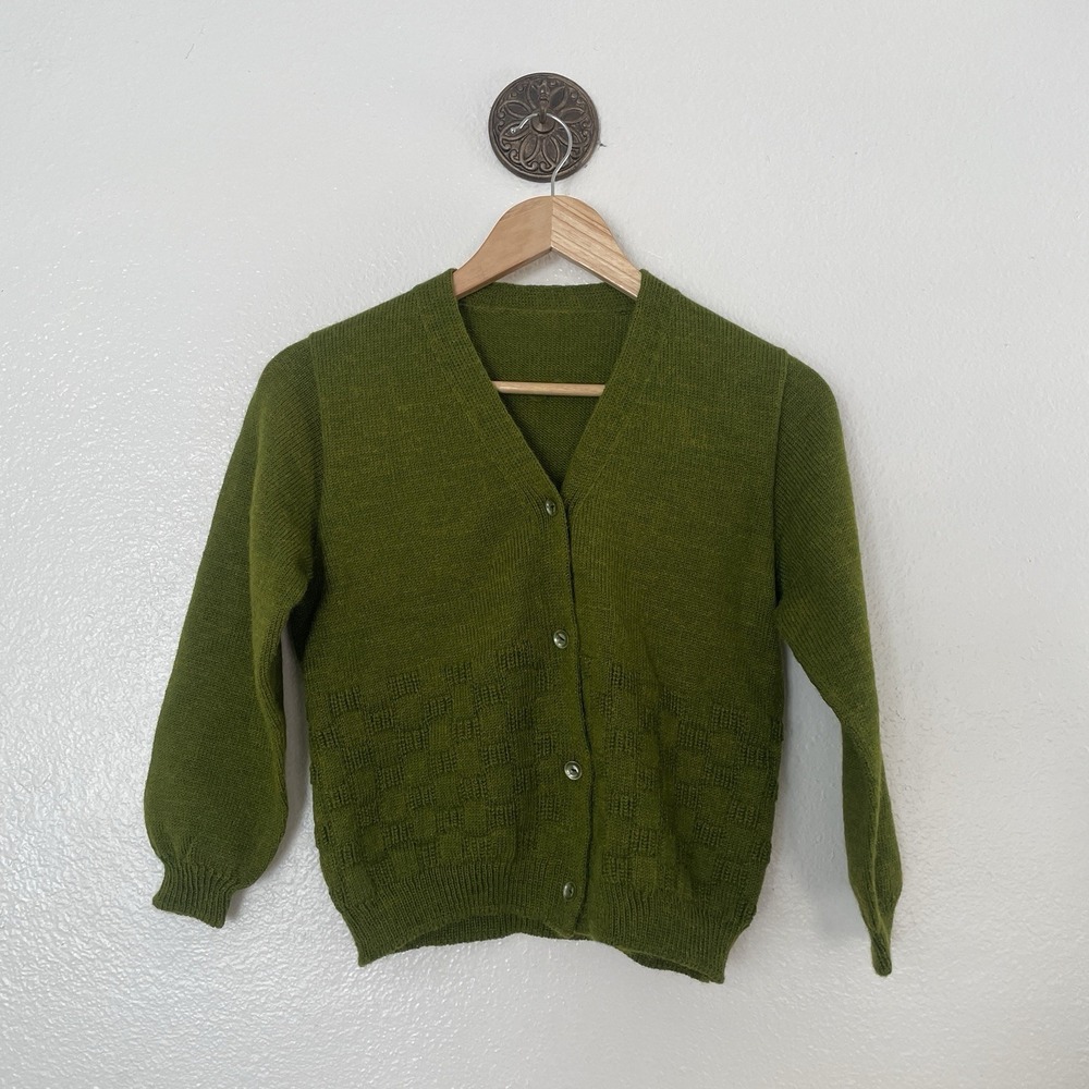 Kid's Hand Knit Cardigan Button Up Sweater Unmarked Size Apple Green